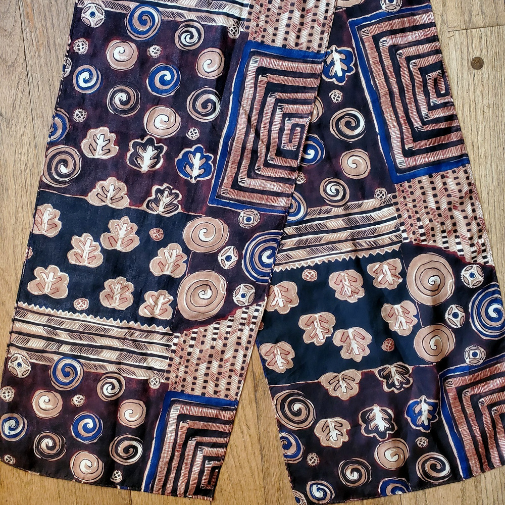Idea Nuova Vintage 100% Silk Scarf Oblong Abstract Art Leaf Brown 9.5X 59"